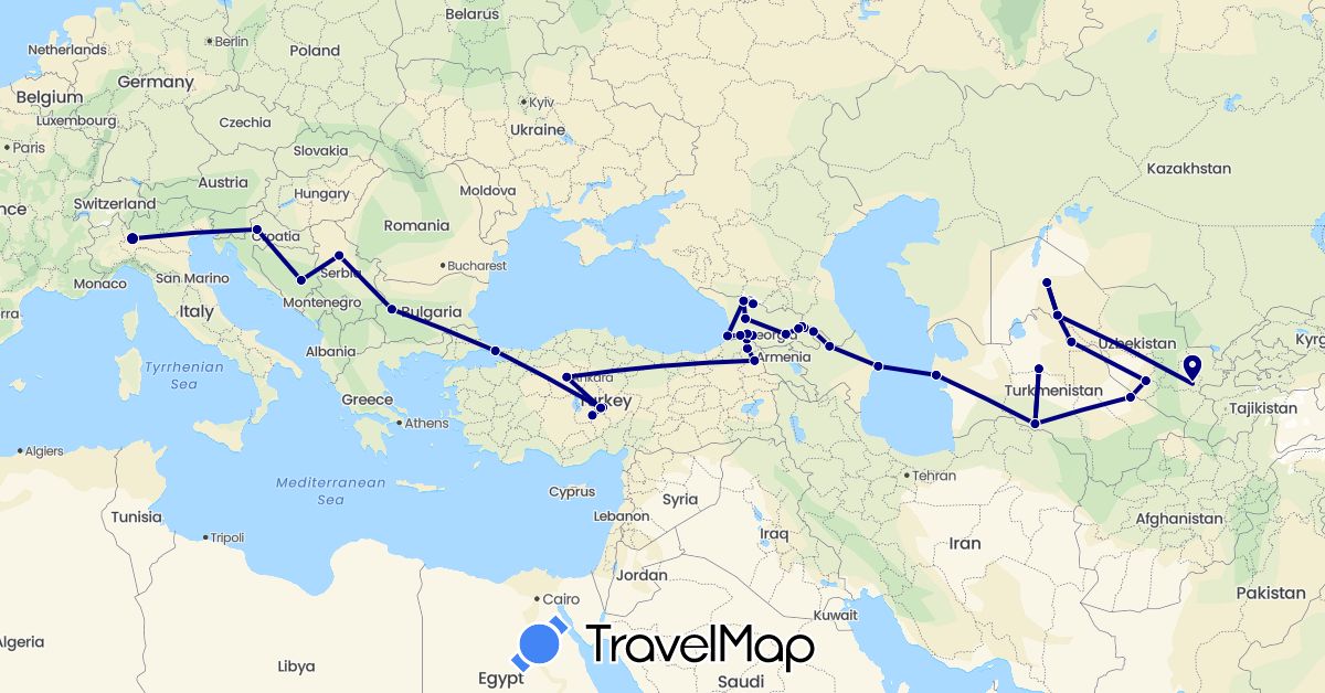 TravelMap itinerary: driving in Azerbaijan, Bosnia and Herzegovina, Bulgaria, Georgia, Croatia, Italy, Serbia, Turkmenistan, Turkey, Uzbekistan (Asia, Europe)